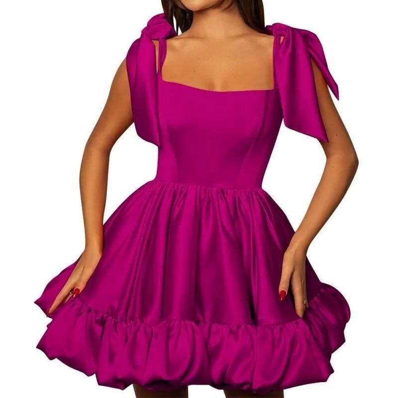 1011 new European and American style evening dress square neck bow satin tutu skirt thin birthday party dance dress