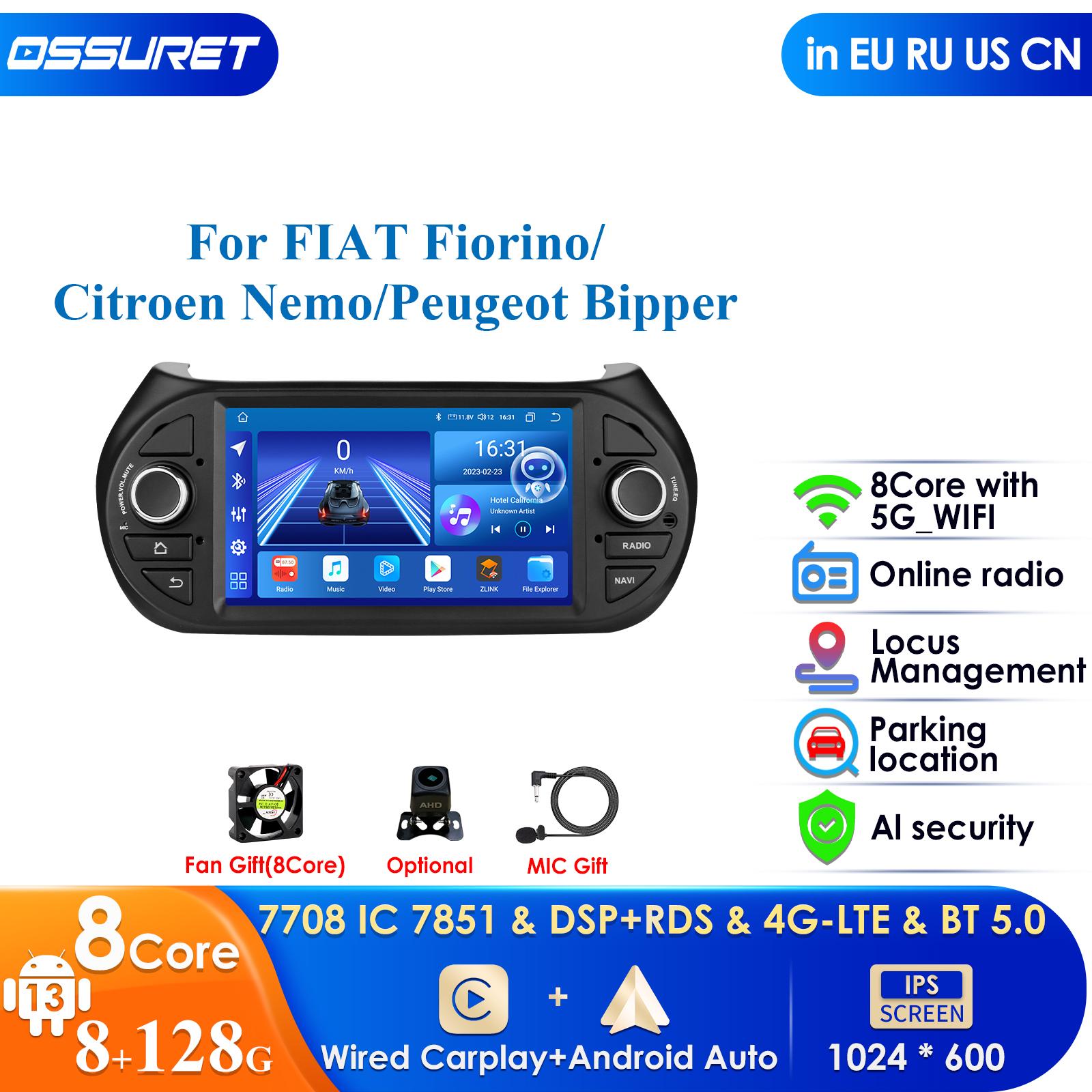 

OSSURET Интеллектуальный Carplay 4G RDS 7 7862 AI 2din Android 13 Автомагнитола для Fiat Fiorino / Citroen Nemo / Peugeot Bipper GPS Мультимедийный Видеоплеер P1 4Core 1G 32G