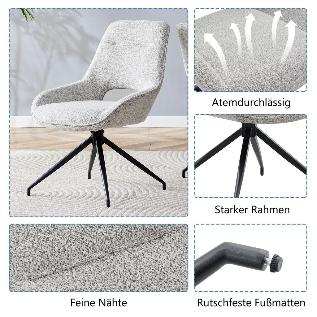 [Set of 2] 360 degrees Swivel Dining Chair in Beige-Grey Fabric: Black Lacquered Metal Frame, Four Legs, Breathable Textured, for Modern Dining Areas.
