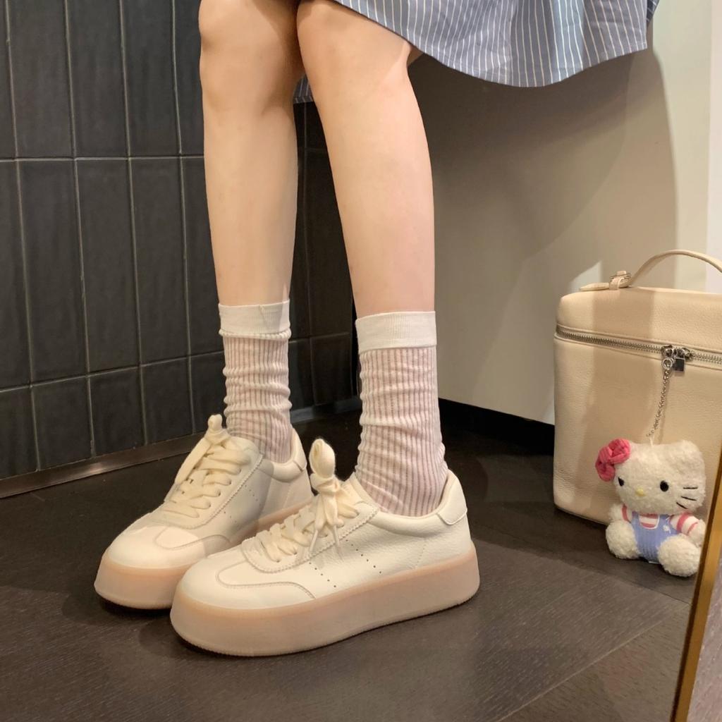 Same Genuine Leather White Shoes for Women 2024 Autumn New Collection Classic Round Toe Thick Soled Korean Style Lace Up German Training Shoes