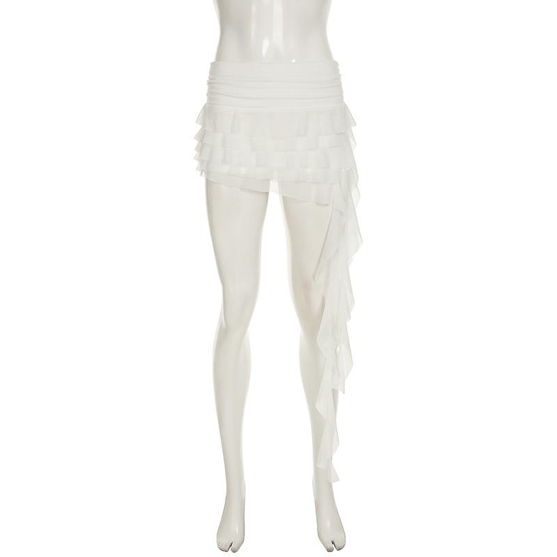European and American Ruffled Irregular Mesh Multi-layer Low Waist Sexy Short Skirt for Women