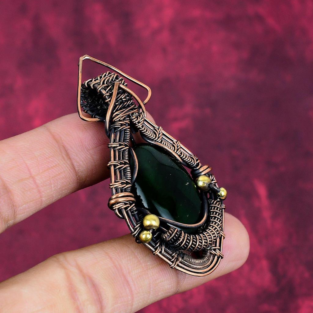 Green Fire Labradorite Gemstone Pendant Copper Wire Wrapped Handmade Jewelry