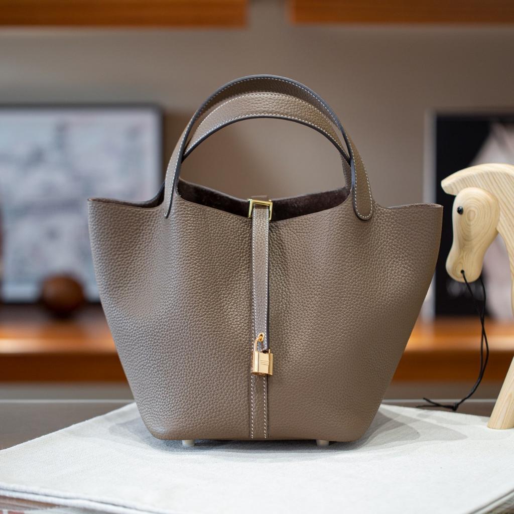 Picotin22 Half-Handmade Cowhide Strap Weave Top Handle Tote Bag For Women