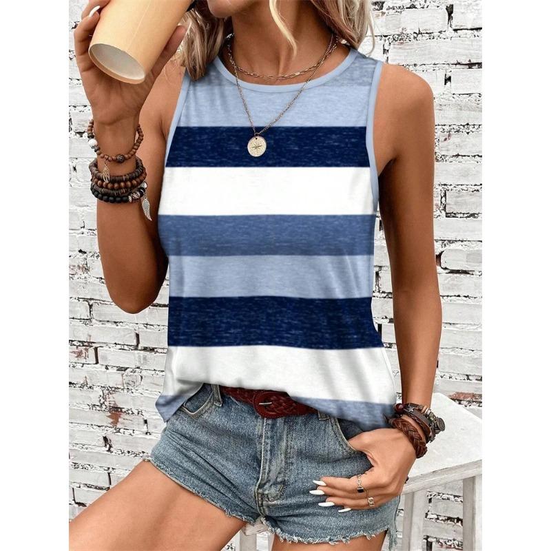 Women's Sleeveless Round-neck Vests Fashionable Geometric Color Block Printed Summer Street Fashion Casual Wear