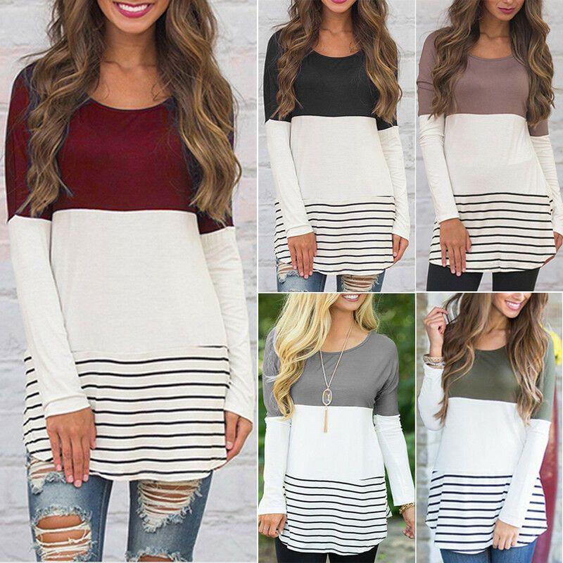 Elegant Women Striped Long Sleeve T Shirt Round Neck Casual Sweatshirt Blouse