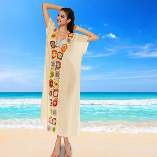 Women Summer Cover Up Dress V-Neck Short Sleeve Crochet Flower Decor See-through
