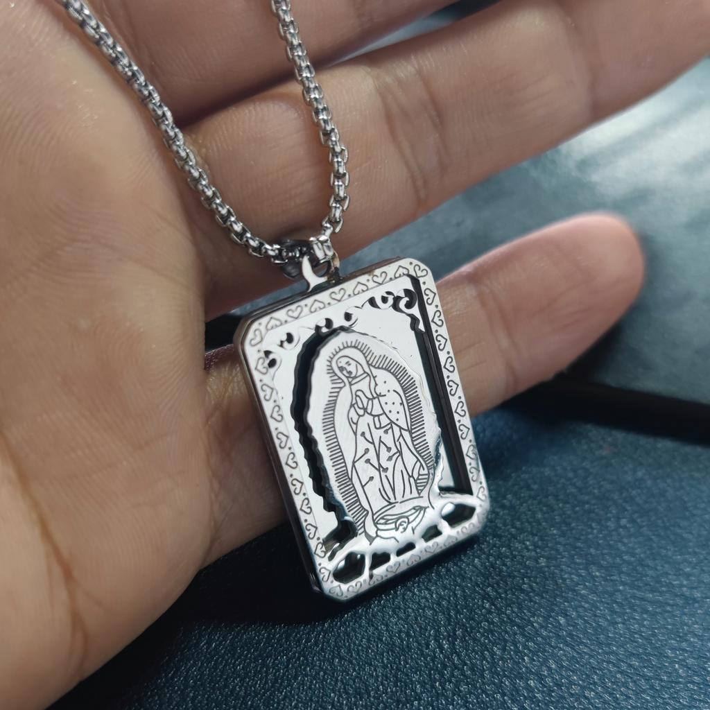 Stainless Steel Vintage Virgin Mary Pendant Believer Necklace, Men'S Religious Prayer Pendant Necklace