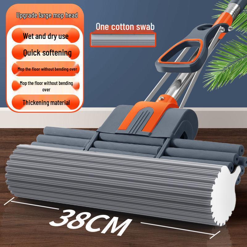 Sponge Mop with Cotton Squeeze Roller - High Absorption, Hands-Free, Large & Durable for Household Floors