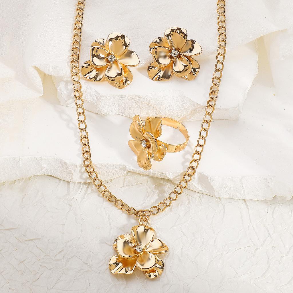Women French Minimalist Design Metal Flower Stud Earrings Elegant Double Layer Flower Rhinestone Necklace Ring Jewelry