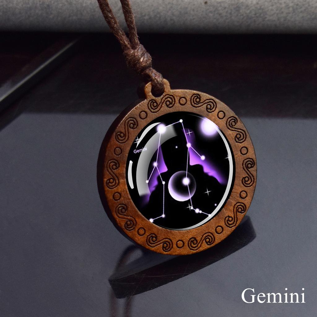 12 Constellation Necklace Starry Sky Zodiac Round Glass Wood Pendant Necklace Birthday Gift Couples Jewelry