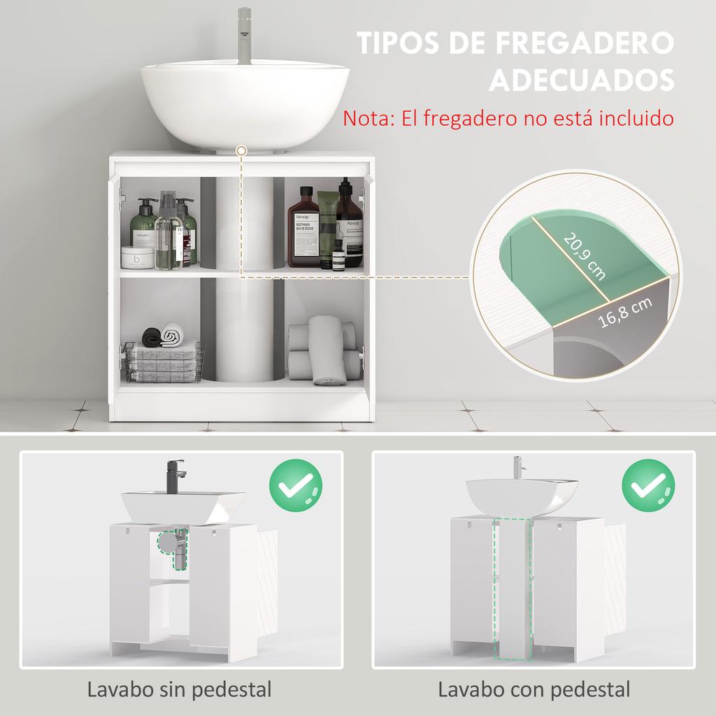 Under-Sink Cabinet Bathroom Cabinet with 2 Doors Adjustable Shelf for Sinks with or Without Pedestal 60x30x59.8 Cm White