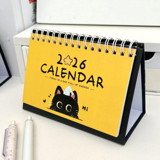Cat Desk Calendar 2026 Cute Desktop Standing Flip Calendar with Cartoon Black Cat for Home Office Study Workstation