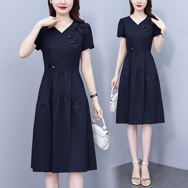 Summer French Elegant Temperament Fashion Casual Dress Age Reducing High Waist Slimming Mid Length Dress for Ladies