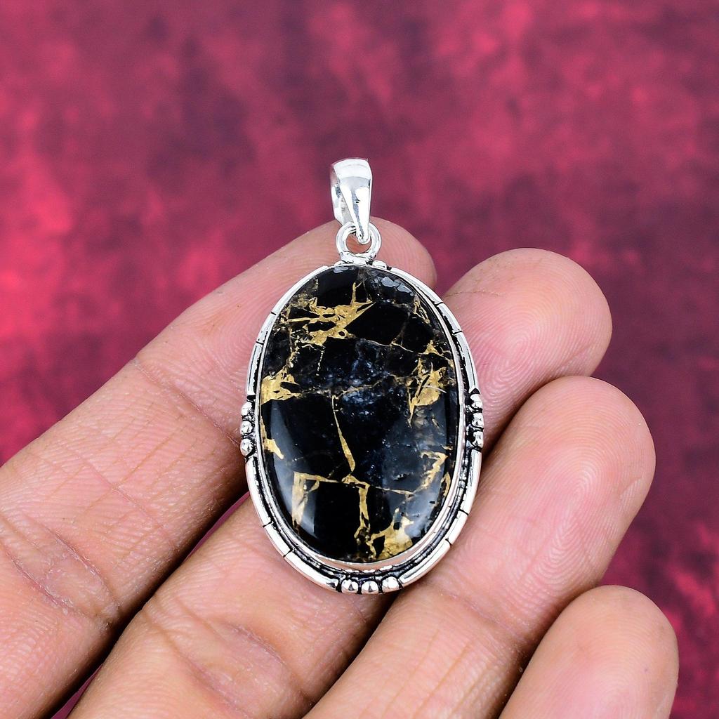 Schwarz-Kupfer-Türkis Anhänger Edelstein Schmuck, 925 Sterlingsilber Massiv Anhänger, Geschenk für Frauen Handgefertigter Anhänger