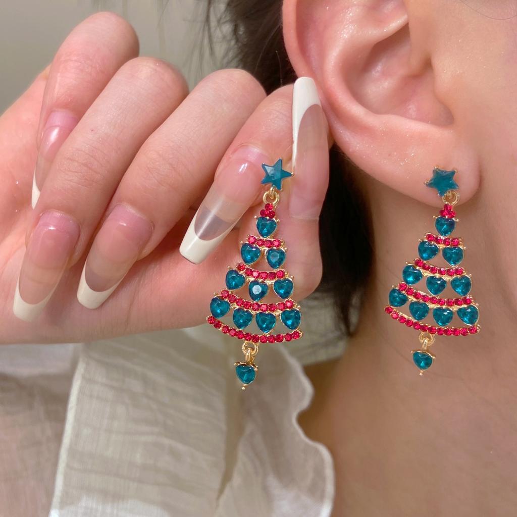 Glänzendes Herz Zirkon Strass Stern Weihnachtsbaum Hängeohrringe Weihnachtsbaum Hängeohrringe Feiertagsparty Schmuck für Frauen Männer