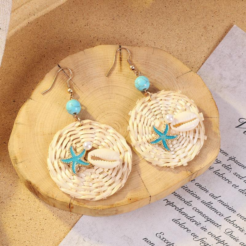 Vintage vacation style grass vine woven earrings Bohemian seaside niche exaggerated stud earrings women's earrings
