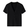 Women's 100% Pure Cashmere V-Neck Ruffle Trim Short Sleeve Cardigan Sweater