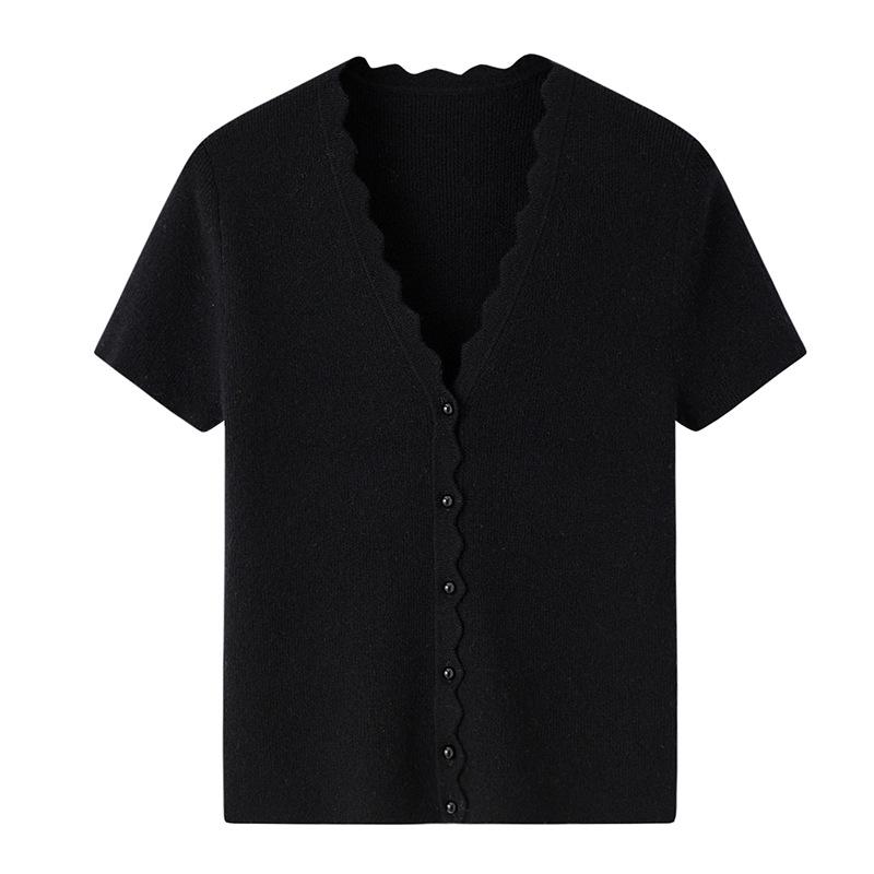 Women's 100% Pure Cashmere V-Neck Ruffle Trim Short Sleeve Cardigan Sweater