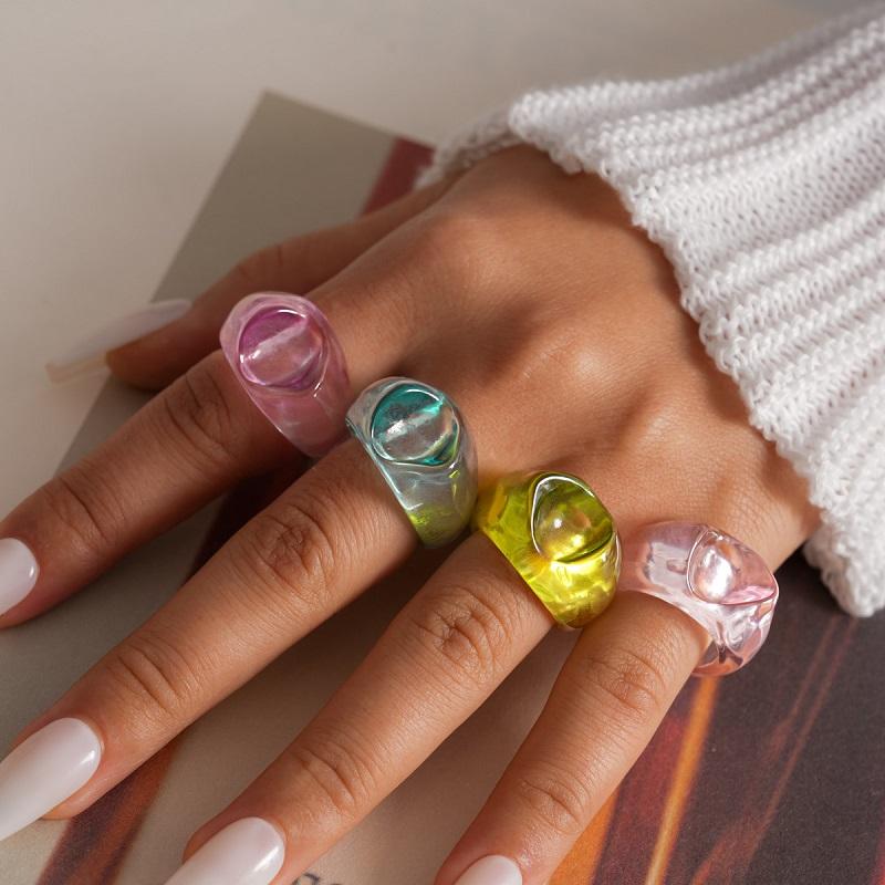 4Pcs/Set Korean Colorful Resin Oval Rings Set For Women Fashion Geometric Finger Rings Aesthetic Jewelry Accessories