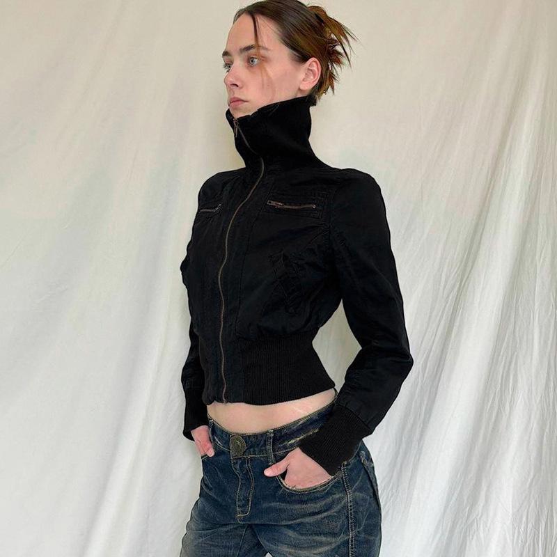 Women's Retro Fitted Waist Zipper Stand Collar Casual Workwear Jacket