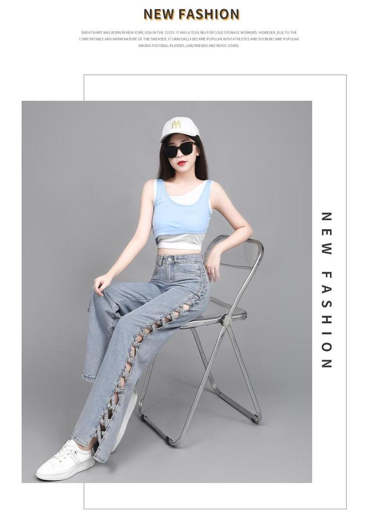 Women's Light Blue Summer Jeans - Stylish Design, Side Hollow, Straight Wide Leg