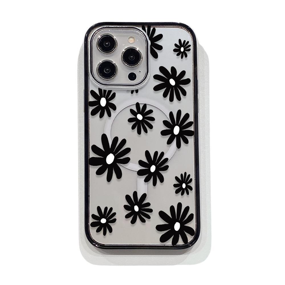 Black Flower Thin Circle Acrylic Magnetic Mobile Phone Case Is Suitable for Iphone15 Simple Apple 17promax Hard Case