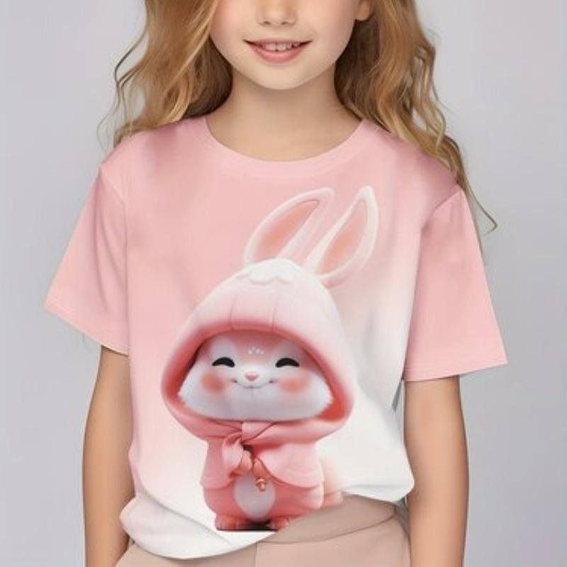 Children's Cartoon Rabbit Print Cute T-shirt Girls Short Sleeved Fashionable Soft Comfortable Top