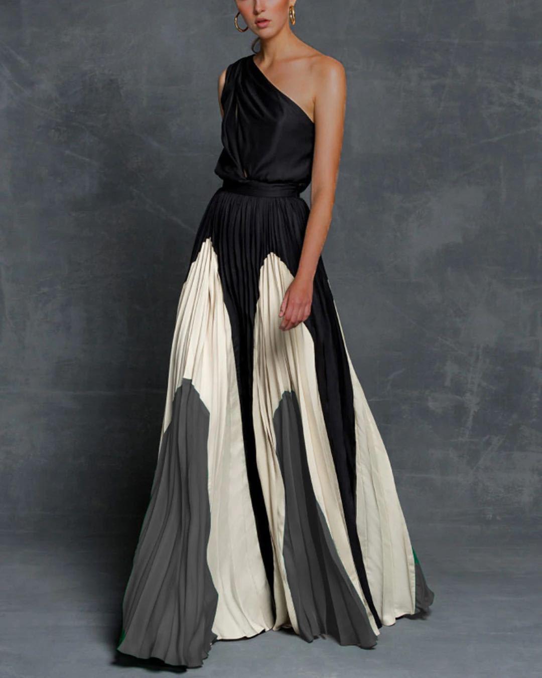 

Spring/Summer Women s Off-Shoulder Color Block Patchwork Dress - Slim Fit Long Dress M