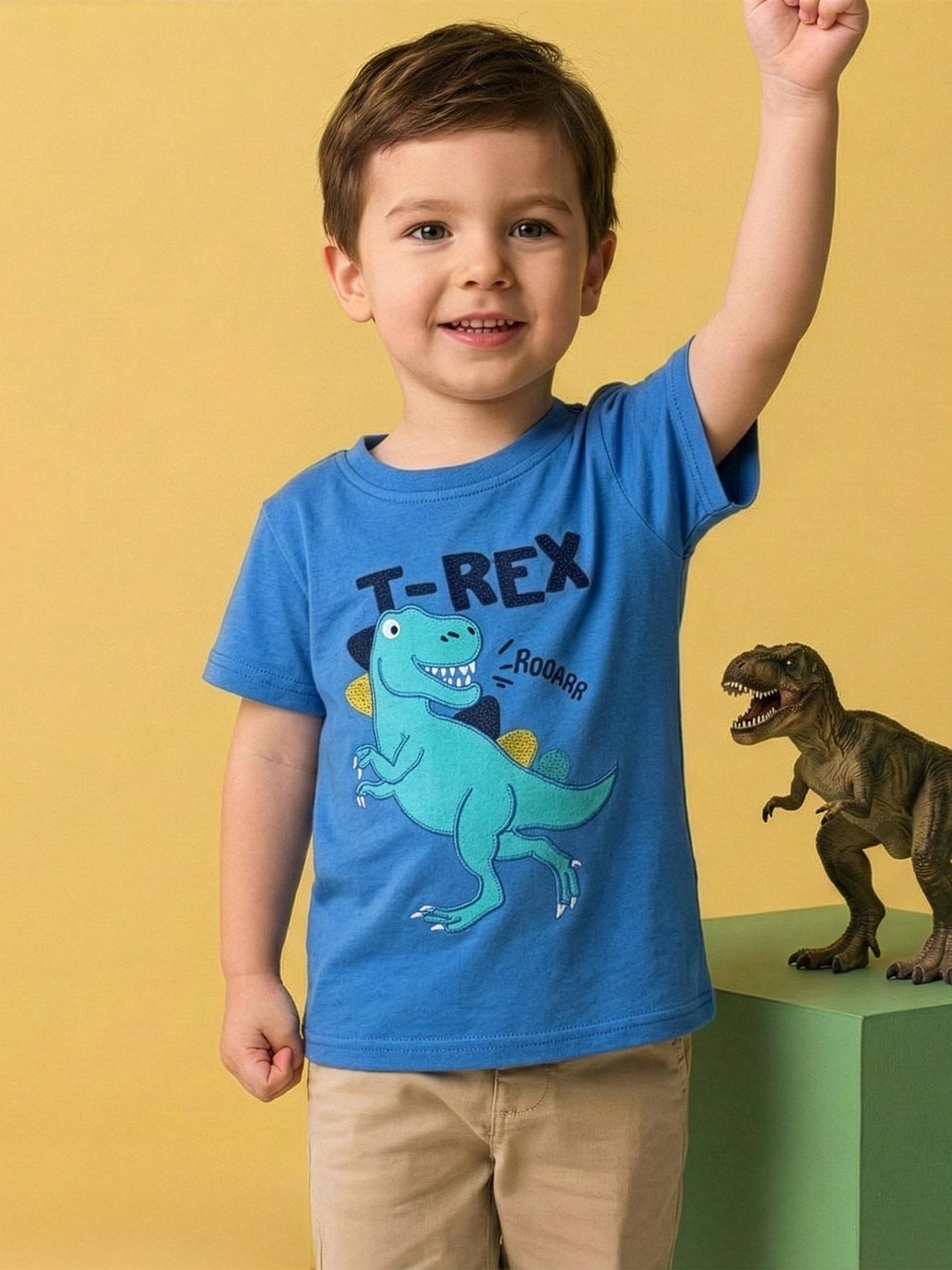 

European & American Style Boys Dinosaur Embroidered T-Shirt - Short Sleeve, Round Neck, Fashionable 130cm (7Y)