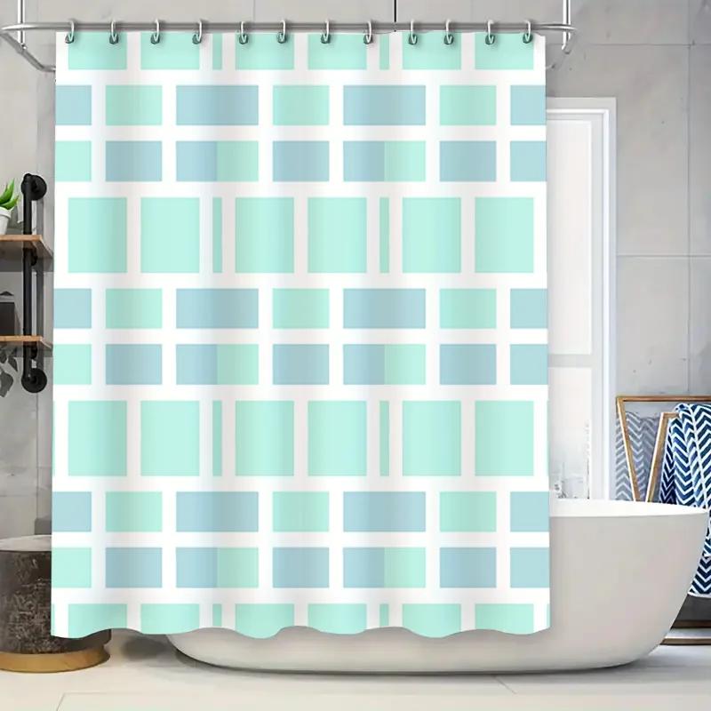 

Modern Bathroom Shower Curtain Set Rectangles Pattern Print, Non-Slip Bath Rug Mat Hooks For Home Decor In Blue Light Green (Siz W60H190(CM)-1 Pcs