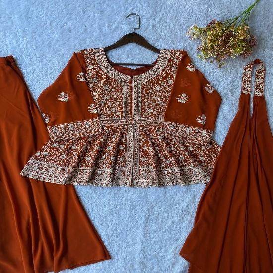 Radiant Rust Orange Georgette Sharara Set with Intricate Chikankari Embroidery M