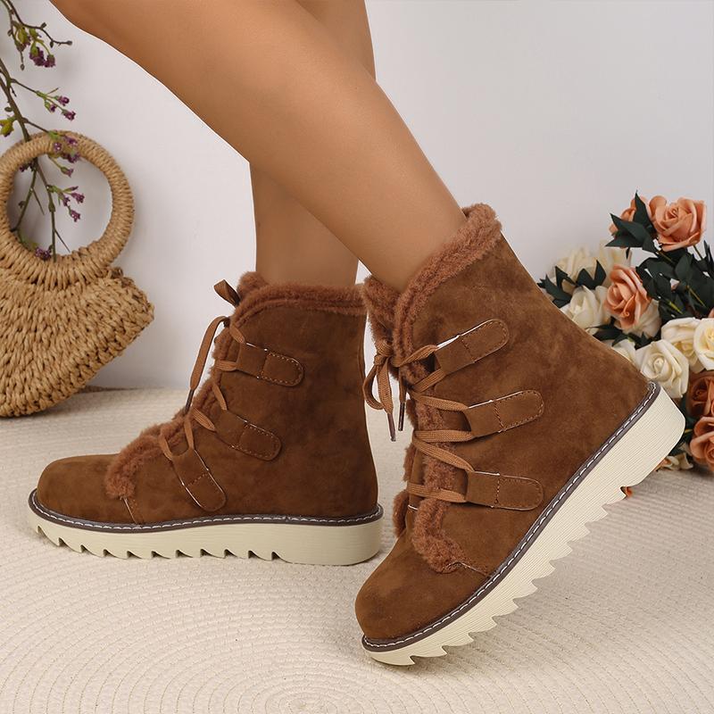 Fur Flats Women Snow Ankle Boots Suede Lace Up Casual Shoes Short Plush Cotton Boots 2025 Trend Winter Warm Non-slip Botas Mujer
