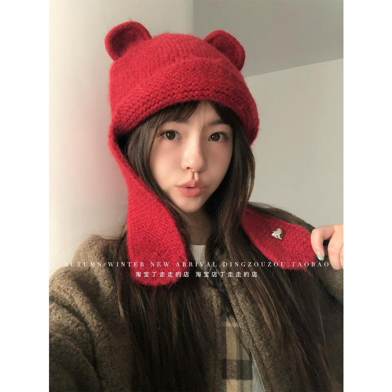 Autumn and winter bear ear knitted hat outdoor cold protection ear protection headgear thickened warm wool bear hat female