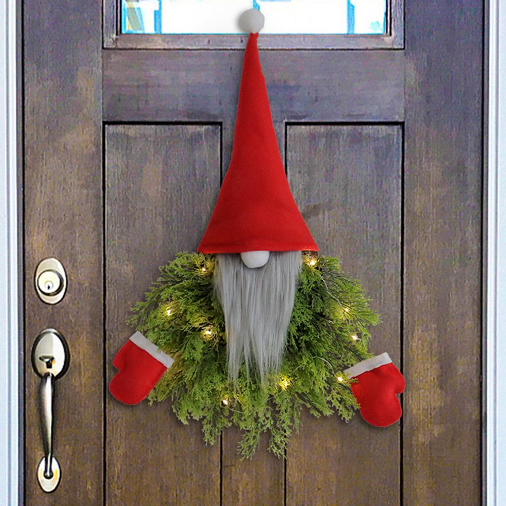 Gnome Christmas Decoration Door Wreath W/LED Light Artificial Advent Wreath Christmas Door Wreath for Front Door Window Wall
