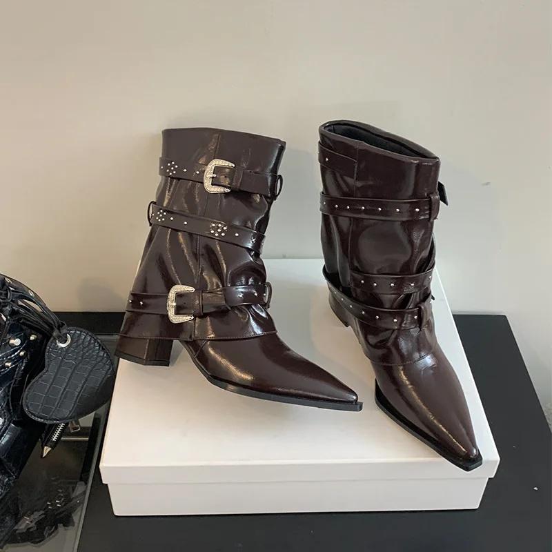 Black Rivet Pant Boots Women's Pointed Toe Niche Design Thick Heel Sleeve Knight Boots Women's Retro Style Rubber Outsole