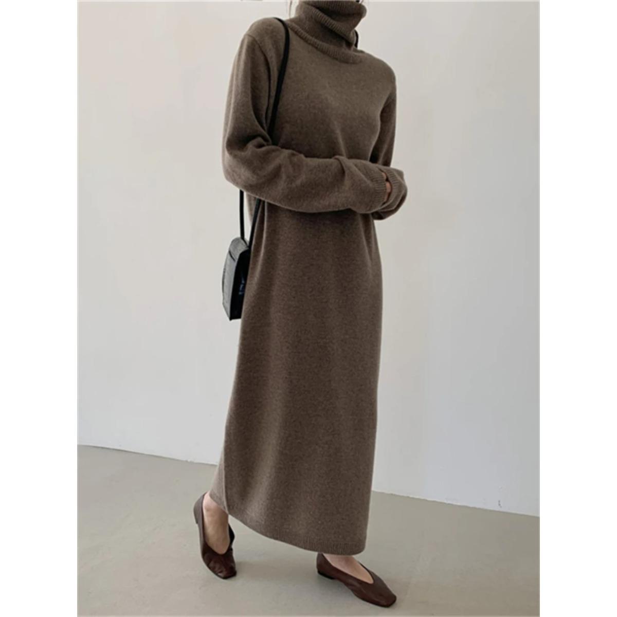 Толстое зимнее женское платье с длинным рукавом, вязаные платья макси, винтажные платья оверсайз S хаки