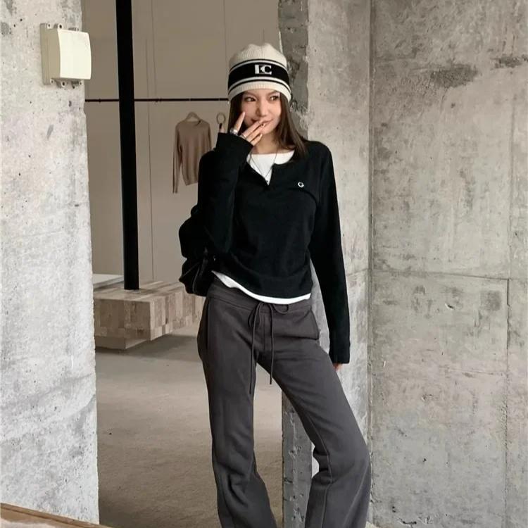 Long Sleeves Korean Fashion Style O-neck Tshirt for Women Fake Two Items T-shirts Ladies Top Tee Clothes