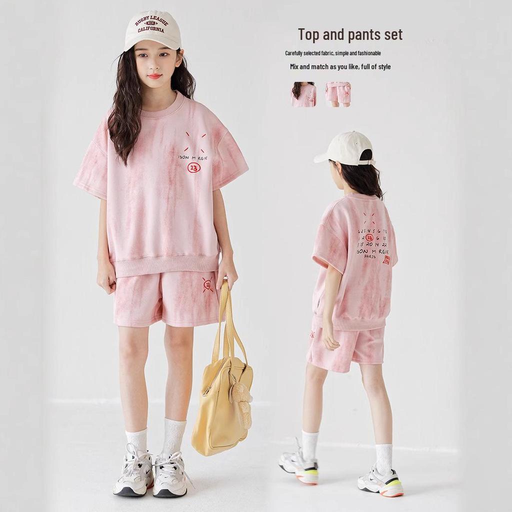 2025 Korean Style Girls' Tie-Dye Short Sleeve Pants Set - Fashionable Big Kid Sports Two-Piece Outfit