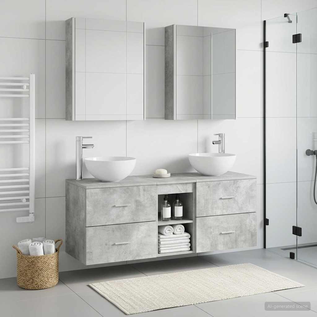 5-teiliges Badezimmermöbelset Betongrau Holzwerkstoff und Glas