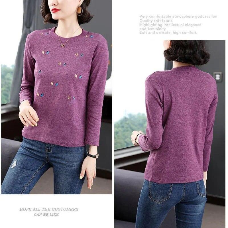 New Women's Spring Autumn Long Sleeves Bottoming Shirt Round Neck Loose Mom Tshirt Fashion New Solid Color Top M-5XL