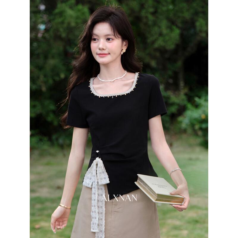 Lu Xiangnan Women s Square Neck Slim Fit Short Sleeve T-Shirt M