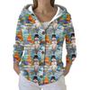 Women's Fashion Casual Sweater Button-Up Print Cardigan  Hooded Jacket