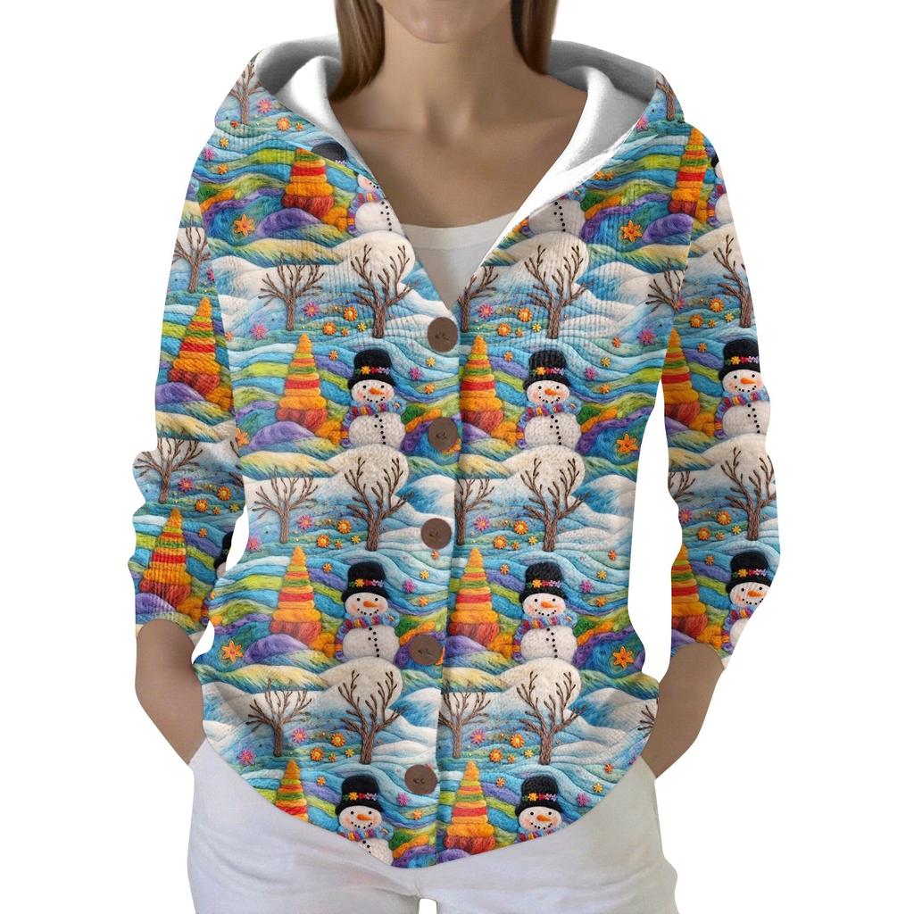 Women's Fashion Casual Sweater Button-Up Print Cardigan  Hooded Jacket