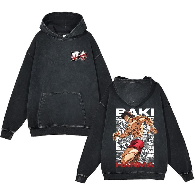 Baki Hanma Anime Streetwear Hoodie Heavyweight Cotton Washed Vintage Style Mens Long Sleeve Pullover