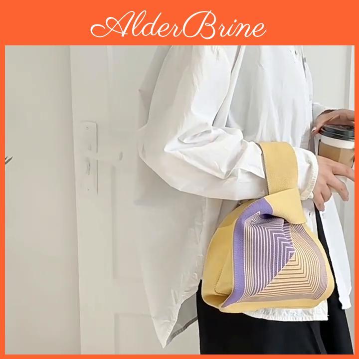 Handmade Knit Small Women Handbag Knot Wrist Bag Japanese Casual Wide Stripe Plaid Shopper Tote Student Reusable Shoulder Bag