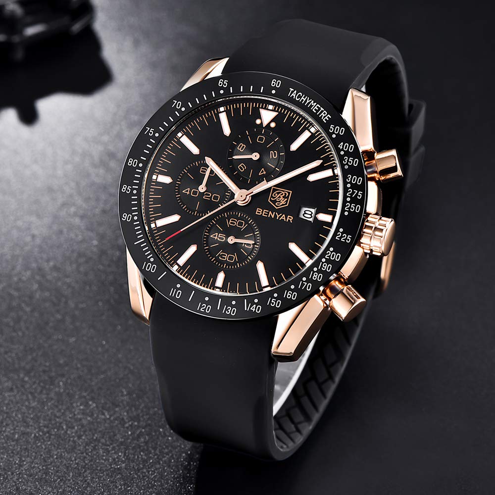 BY BENYAR Watch Watch Chronograph Analog Watch 30M Water Resistant Business Simple Stylish Popular Formal Leather Belt Quartz Watch Gift for Men Black