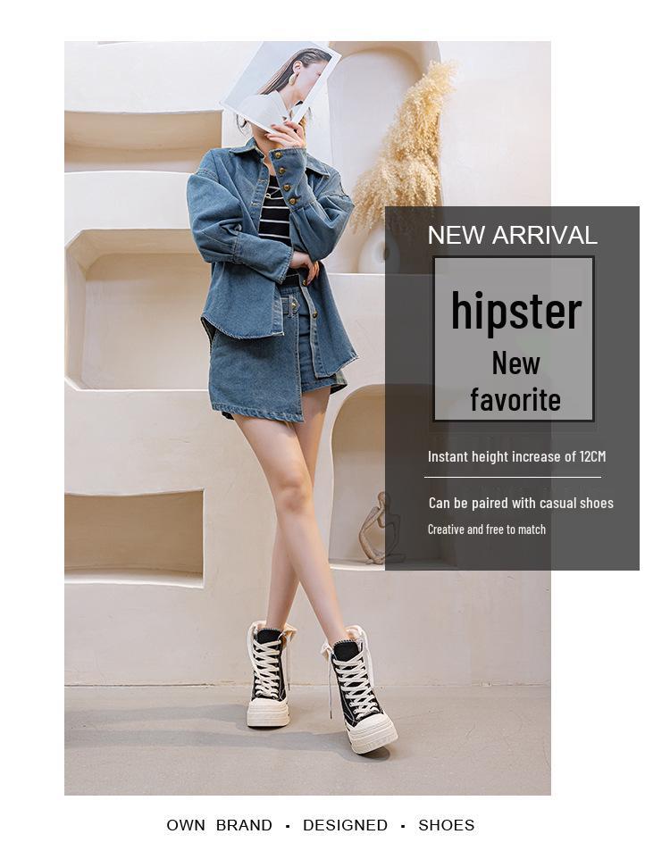 12CM Thick Sole High Heel Canvas Shoes: 2025 Autumn/Winter Hooded Lace-Up Women's Trend