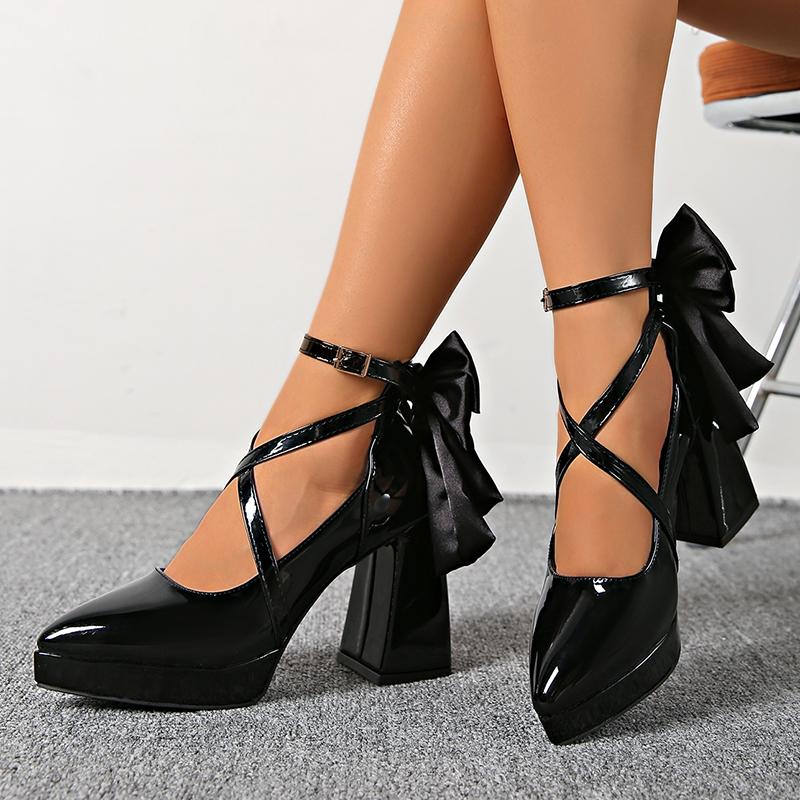 Fashion Vintage Black Chunky Heel Mary Jane Shoes Women Pointed Toe Platform High Heel Pumps Woman Satin Bowknot Ankle Strap Dress Shoes