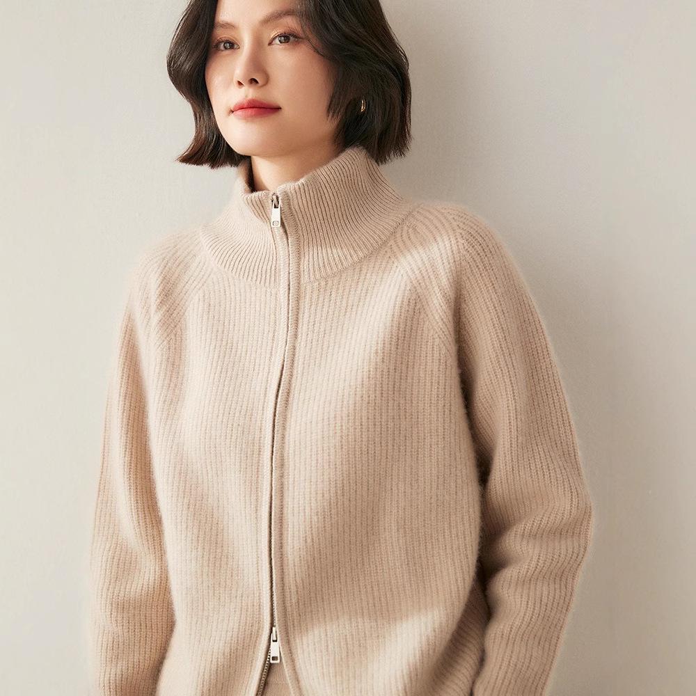 Women's Long Sleeve Cashmere Knit Zipper Cardigan - Cozy Lapel Sweater Outerwear