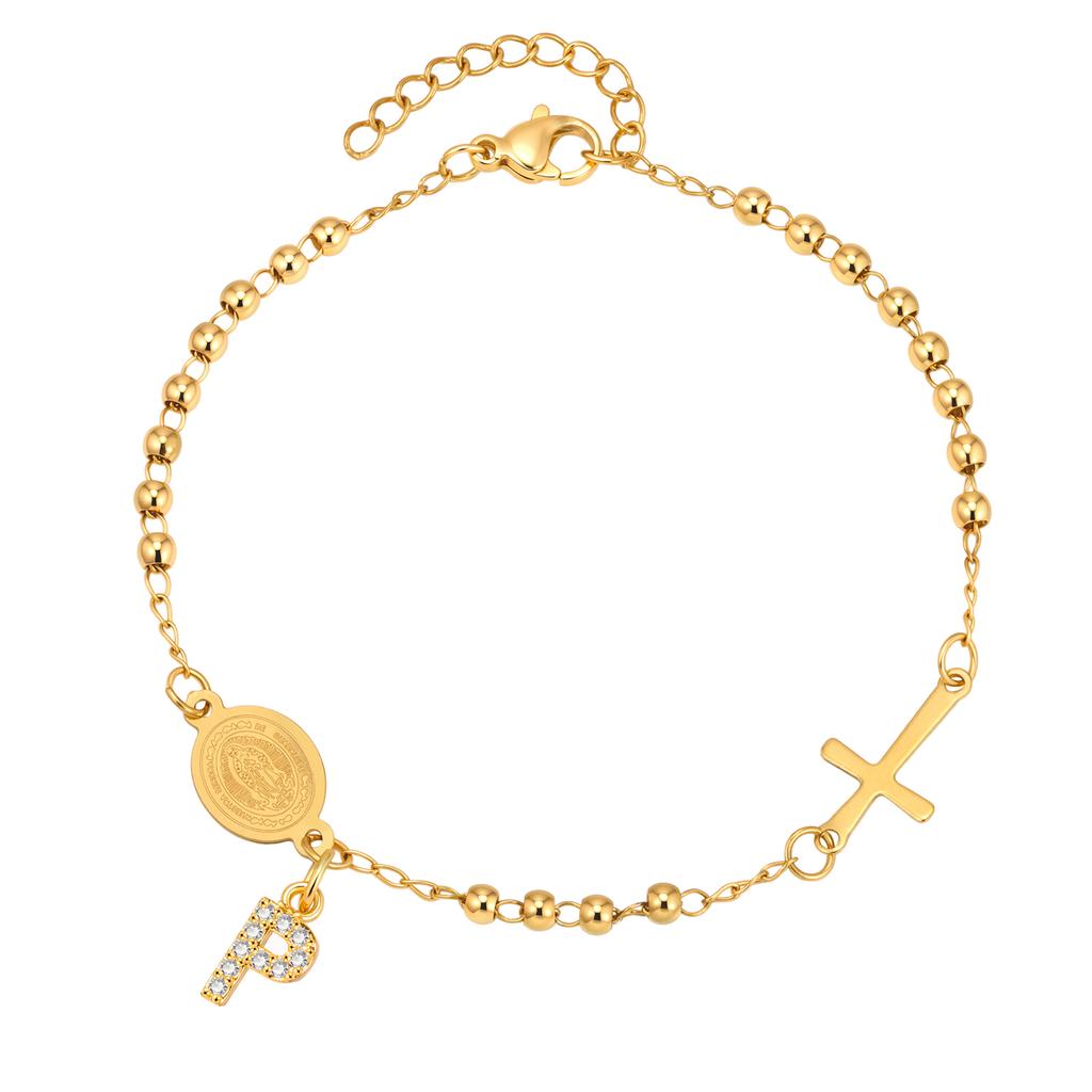 Stainless Steel Rosary Virgin Mary Beaded Bracelets with A-Z Initial Letter Pendant, Gold Plated Religion Jewelry for Women